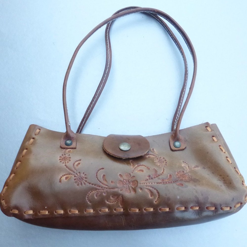 Tooled Floral Authentic Brown Leather Shoulder Bag